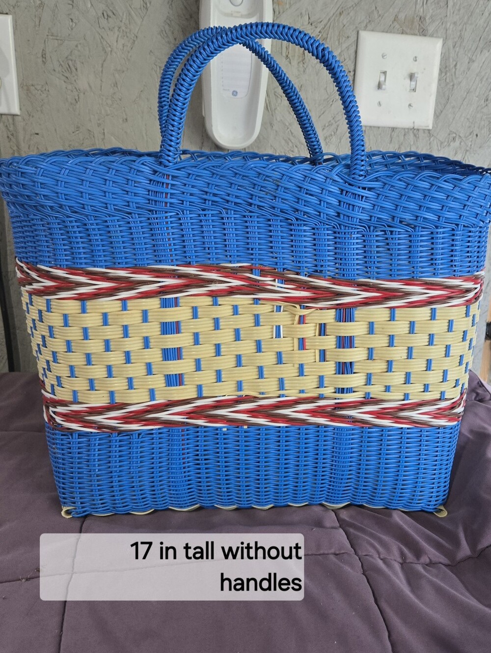 Blue and Tan Woven Plastic Tote Bag, perfect for the beach